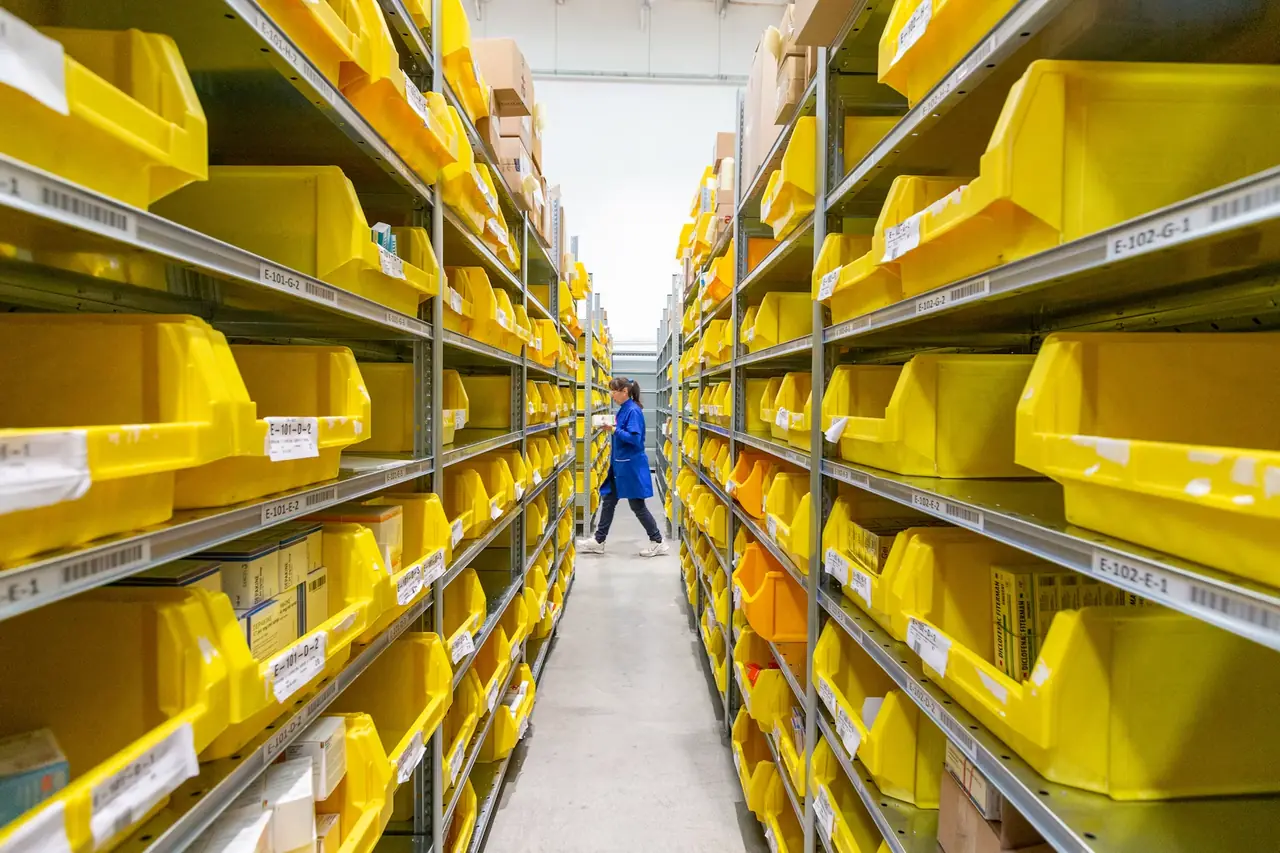 Stocked warehouse shelving